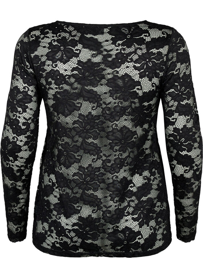 Chemisier en dentelle à manches longues et col en V, Black, Packshot image number 1