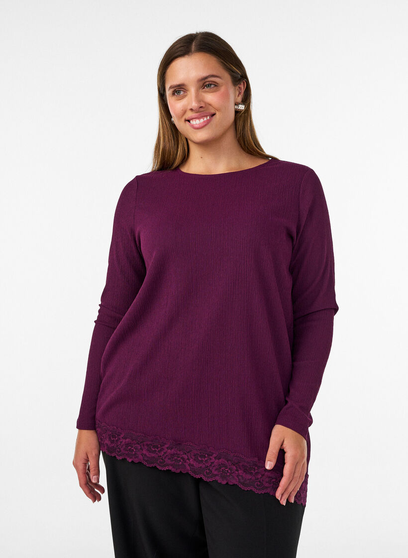 Jerseybluse mit asymmetrischem Spitzenbesatz, Lila, Model image number 0