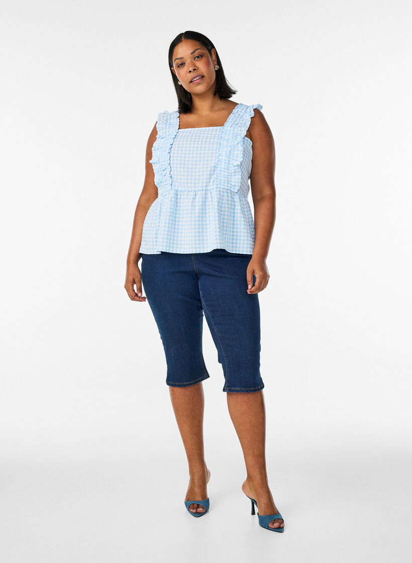 Top mit Karos und R&uuml;schendetails, Blau, Model image number 1