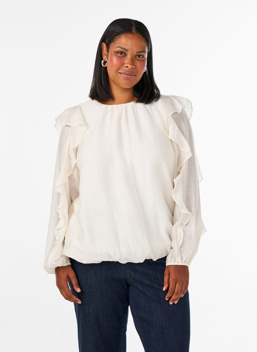 Blouse avec volants et coupe ballon, Vanille, Model image number 0