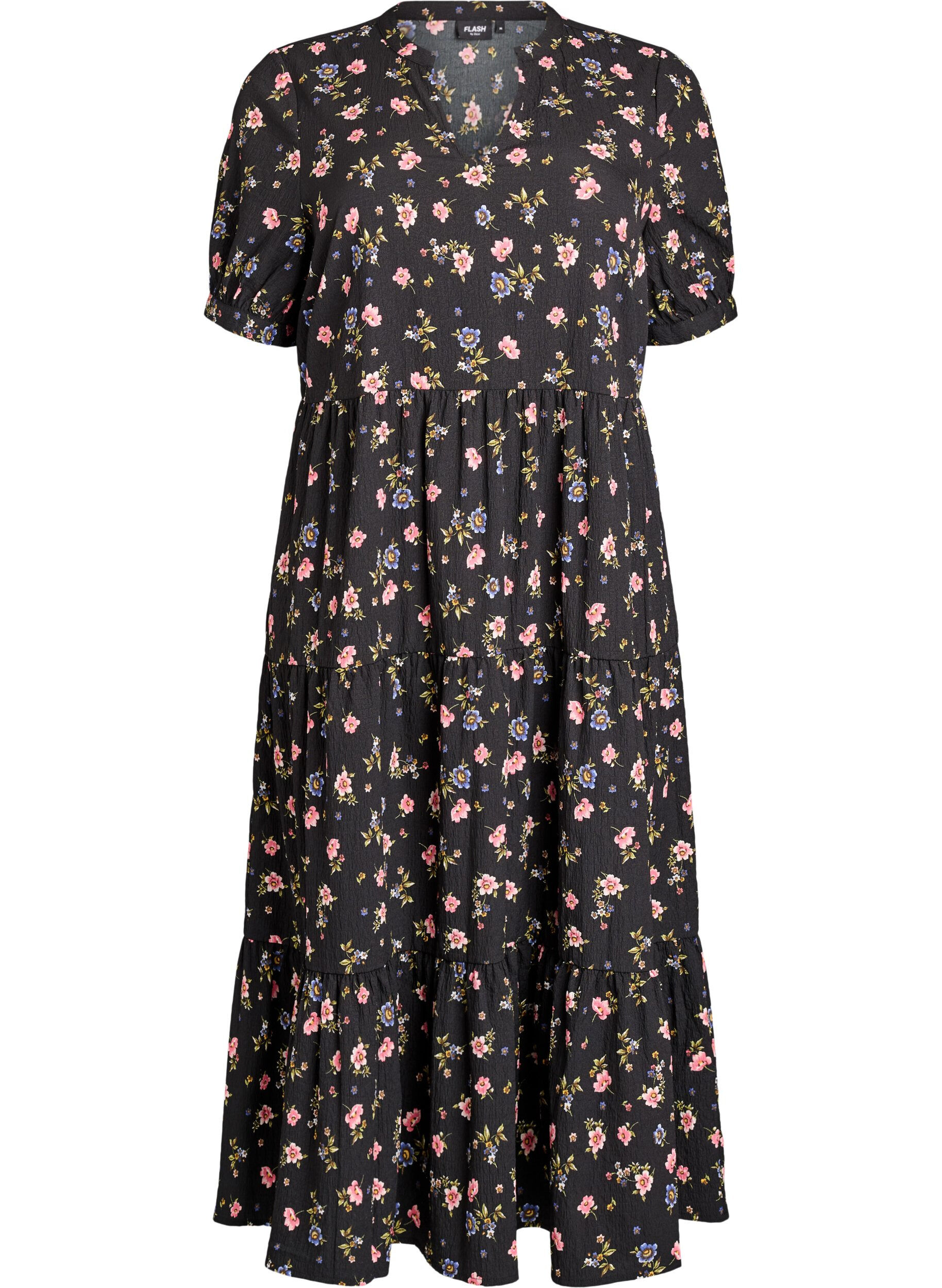 ZizziKn&ouml;chellanges Kleid mit kurzen &Auml;rmeln und gestuften Volants, Schwarz, Packshot image number 0