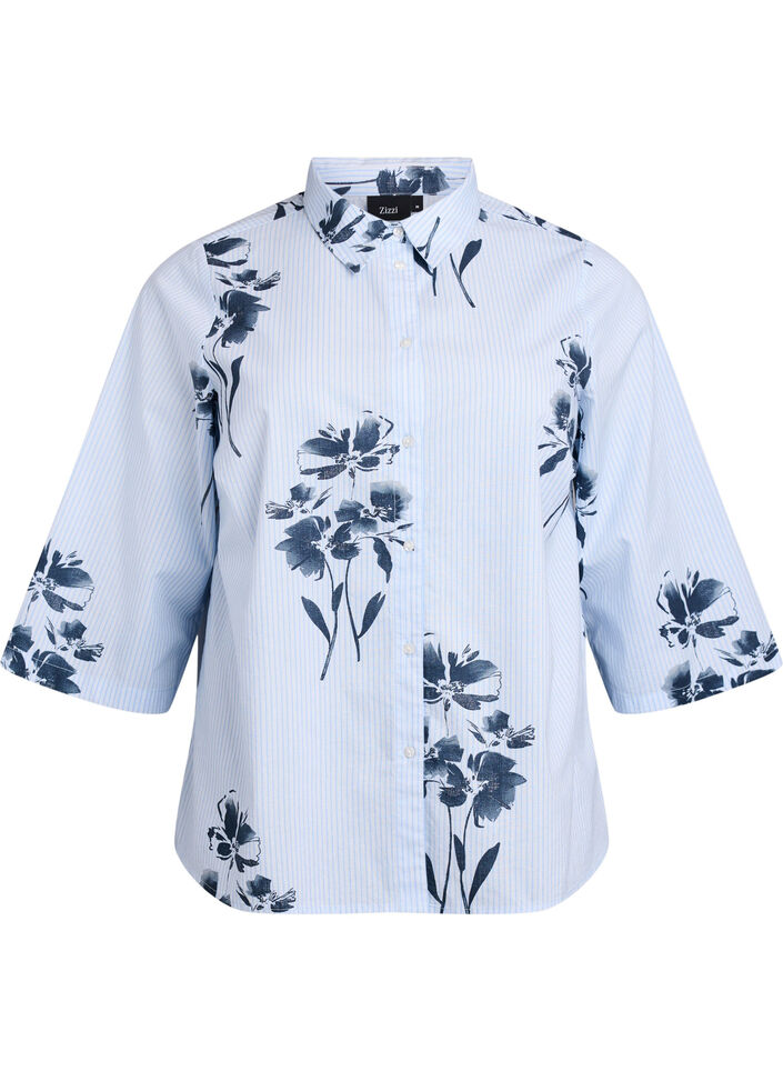 Chemise rayée avec imprimé floral et manches 3/4, Bleu Clair, Packshot image number 0
