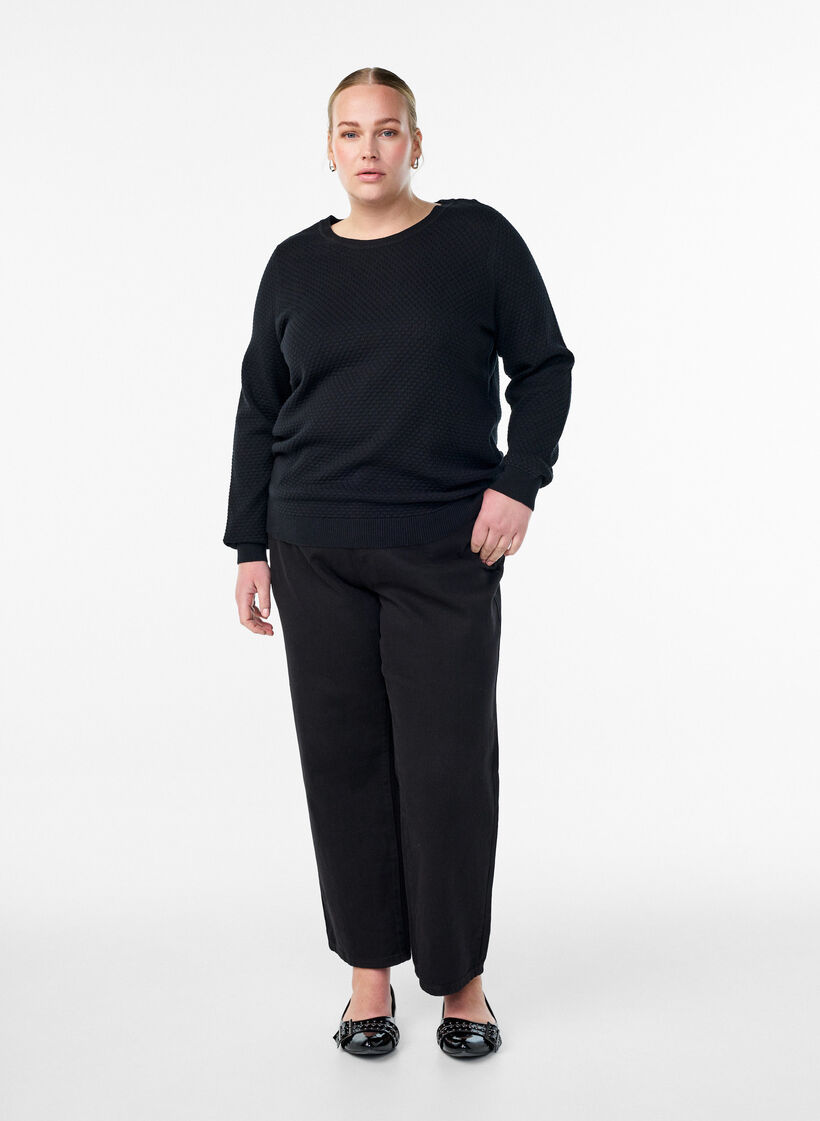 Blouse en maille de coton avec motif texturé, Noir, Model image number 1