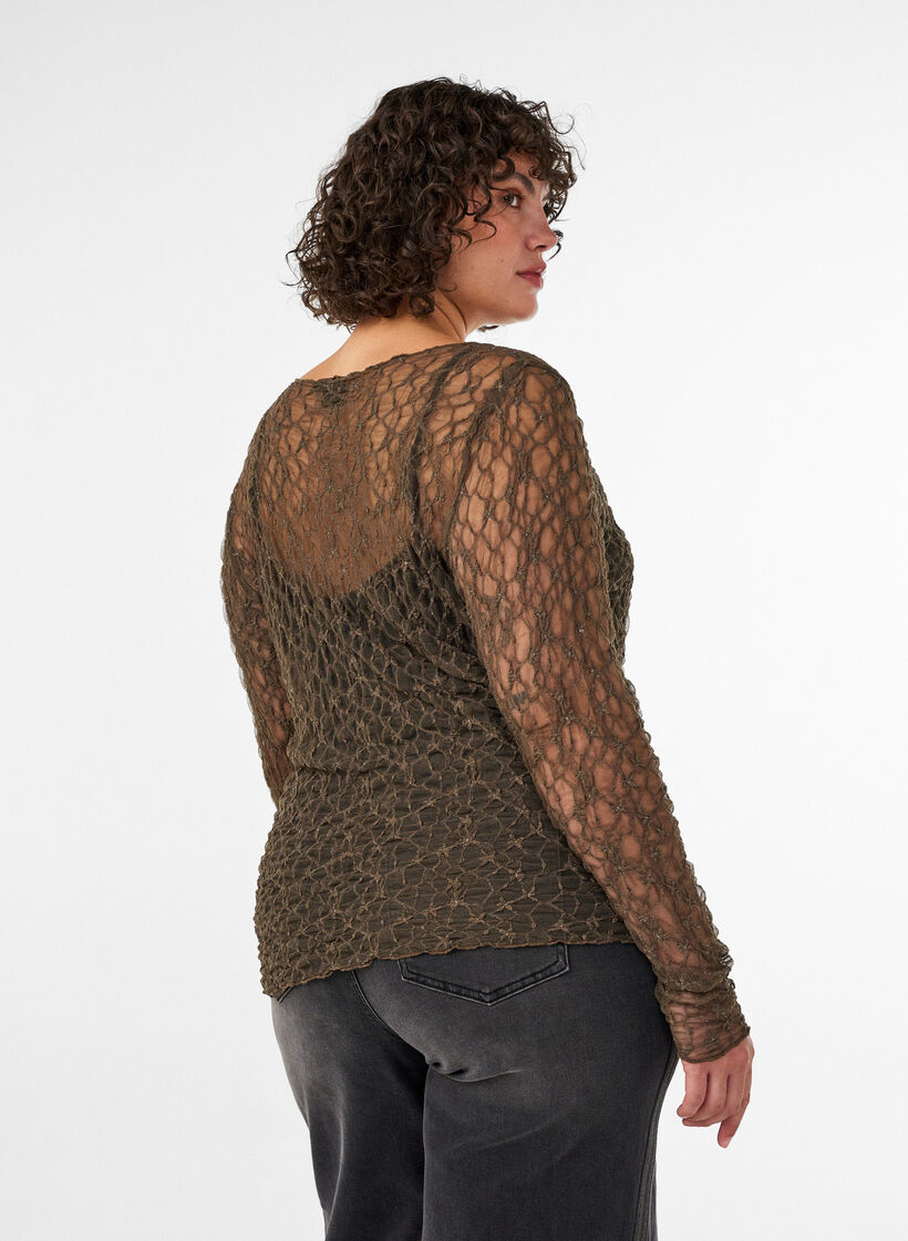 Bluse aus Mesh mit Muster und Glitzerfaden, Braun, Model image number 2