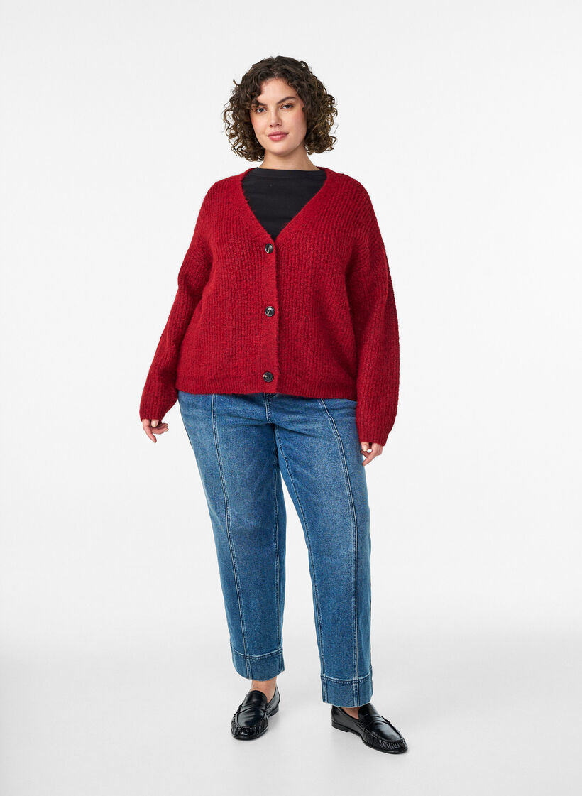 Cardigan en maille à col V, Bordeaux, Model image number 1