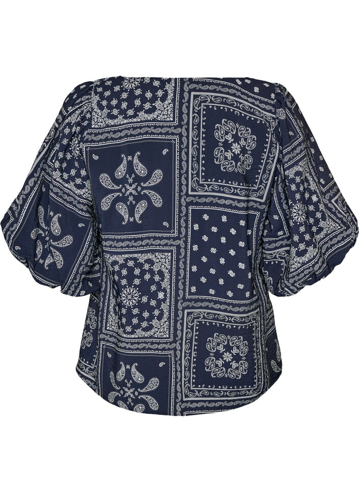 Blouse en viscose &agrave; imprim&eacute; cachemire et manches ballon, Bleu, Packshot image number 1