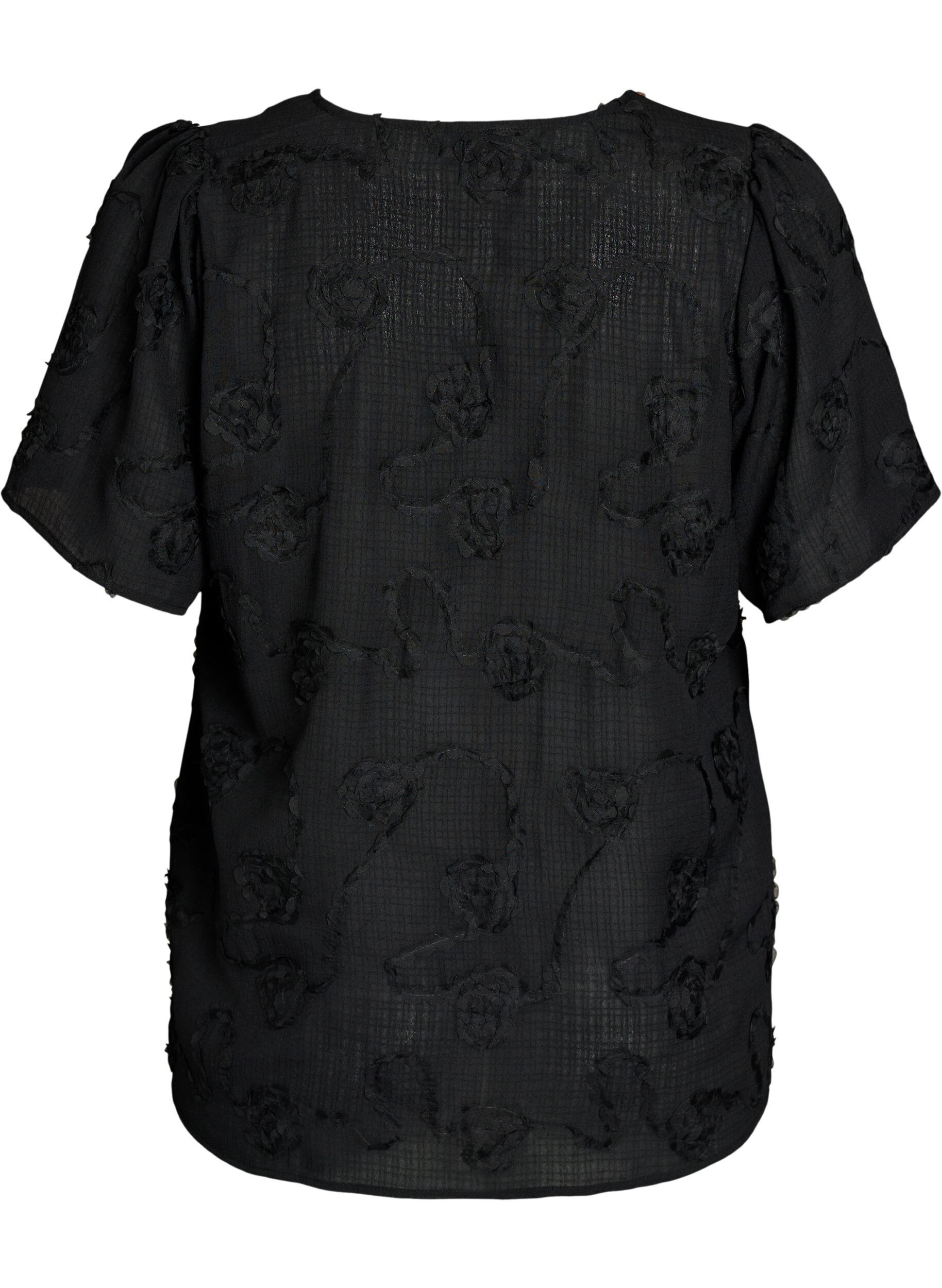Zizzi Bluse mit kurzen &Auml;rmeln und 3D-Bl&uuml;tenmuster, Black, Packshot image number 1
