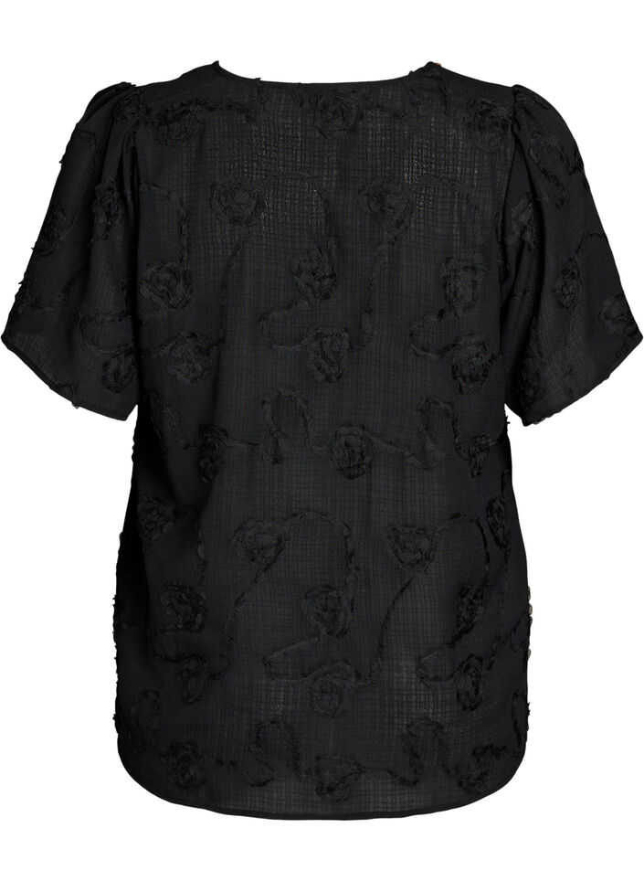 Bluse mit kurzen &Auml;rmeln und 3D-Bl&uuml;tenmuster, Black, Packshot image number 1