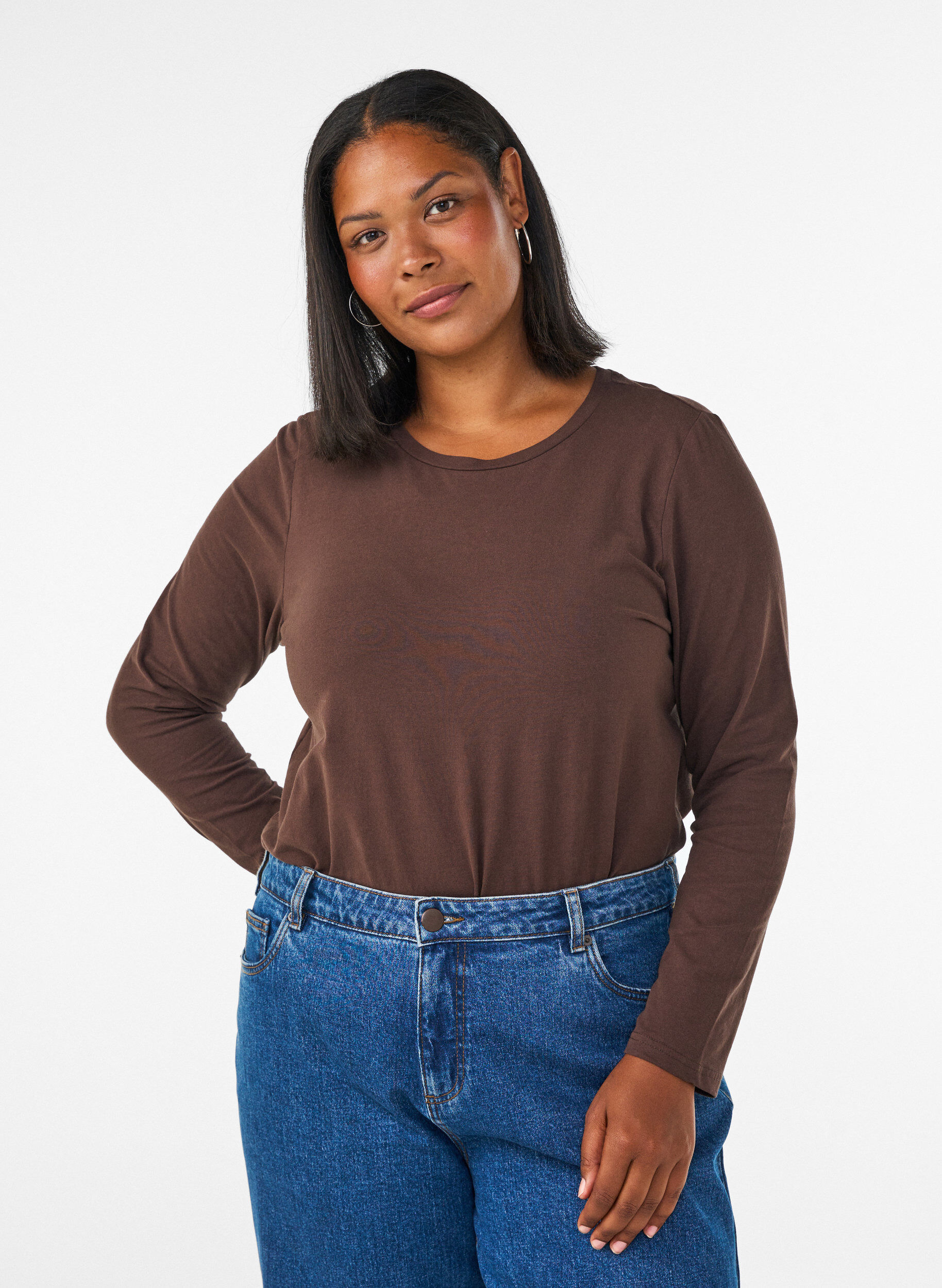 Blouse basique en jersey &agrave; manches longues, Marron, Model