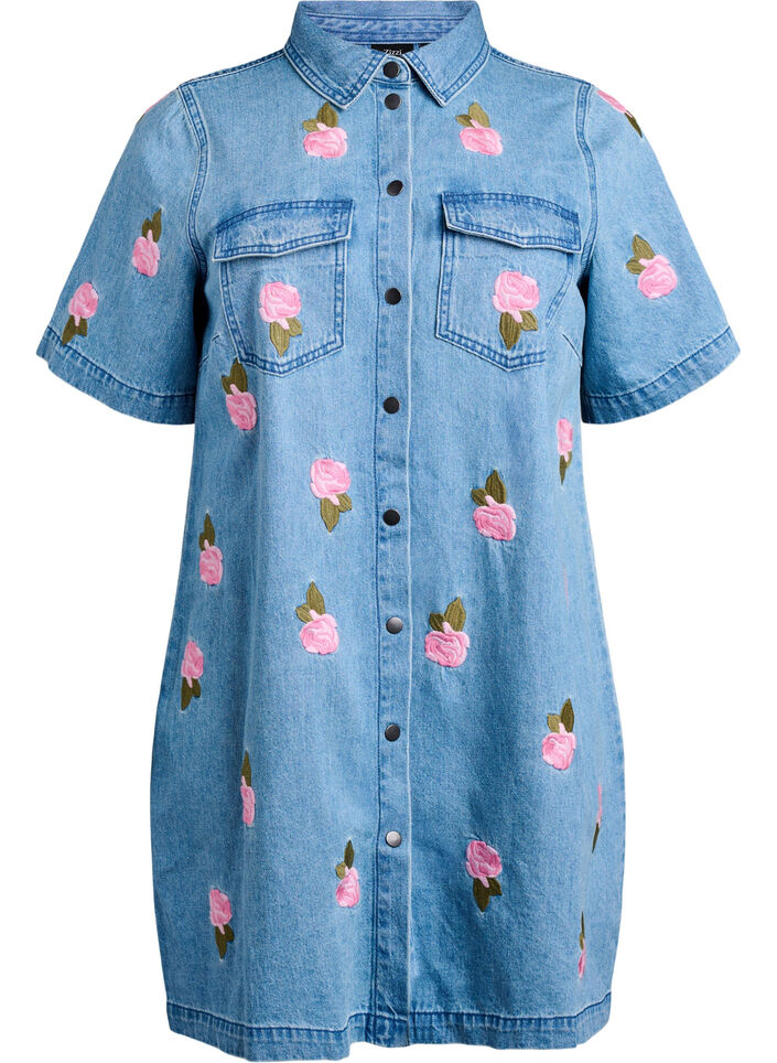 Robe courte en denim avec broderies florales, LBD w. Flower, Packshot image number 0