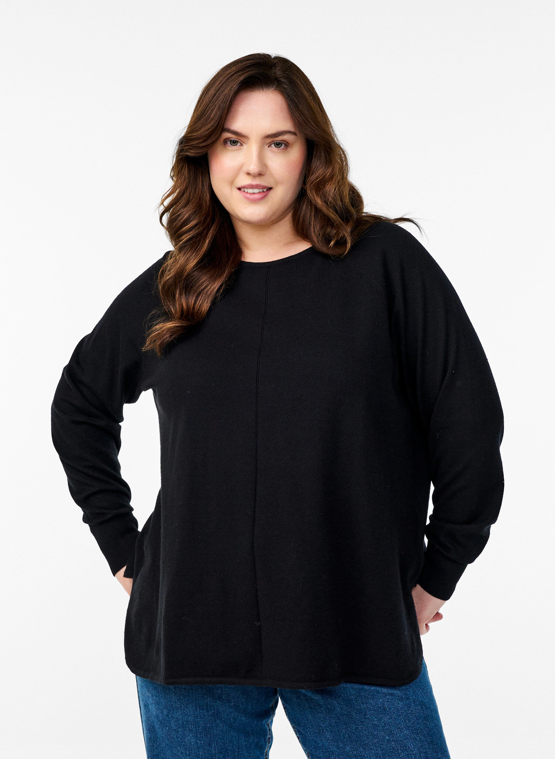 Chemisier en tricot avec col rond et motif tricot, Noir, Model