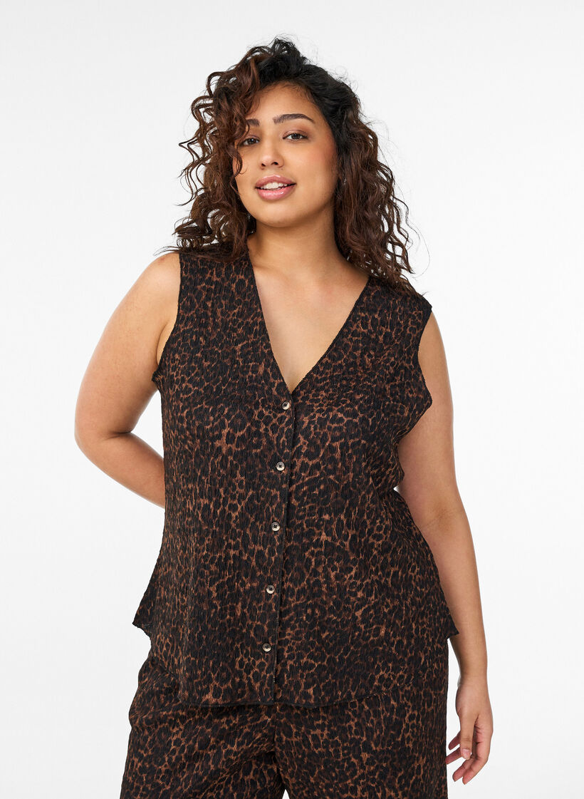 Top sans manches &agrave; texture ondul&eacute;e et fermeture boutonn&eacute;e, Marron, Model image number 0