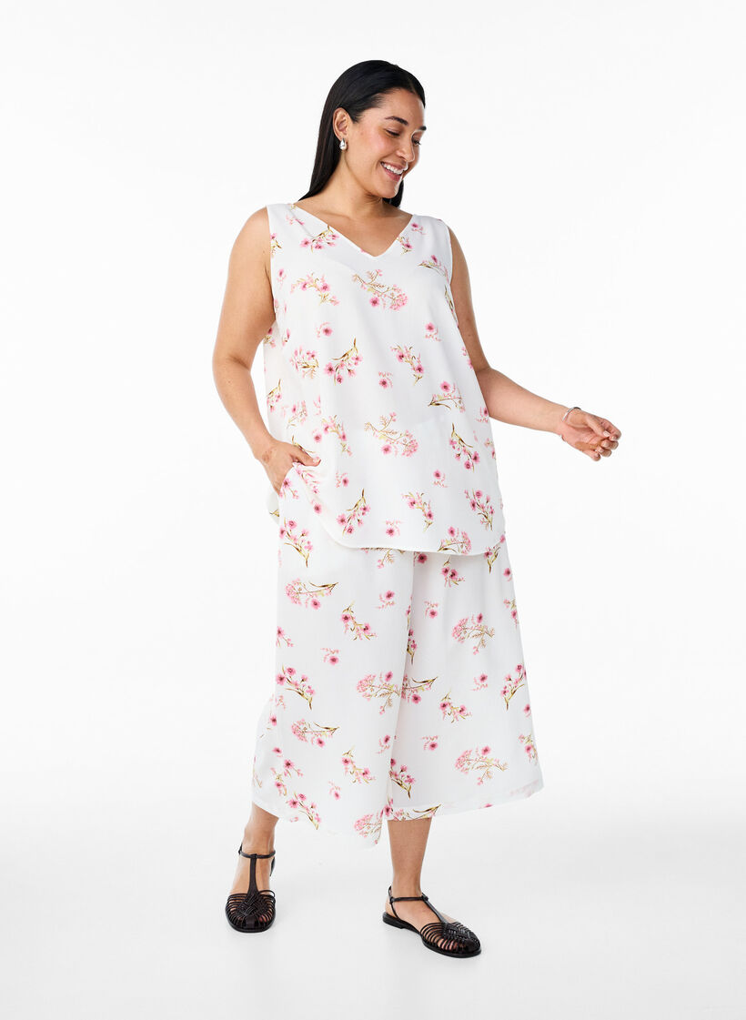 Haut imprimé avec col en V, Blanc, Model image number 1