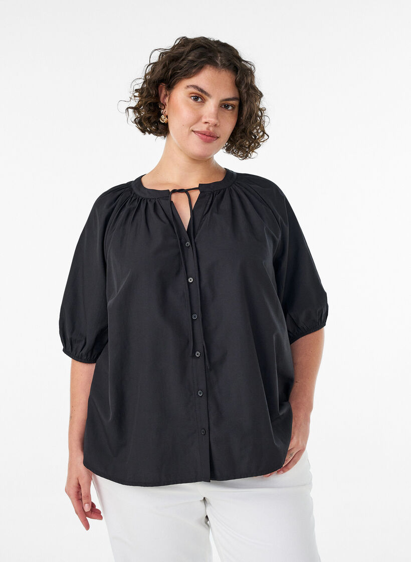 Chemisier avec fermeture boutonn&eacute;e et ceinture &agrave; nouer, Noir, Model image number 0