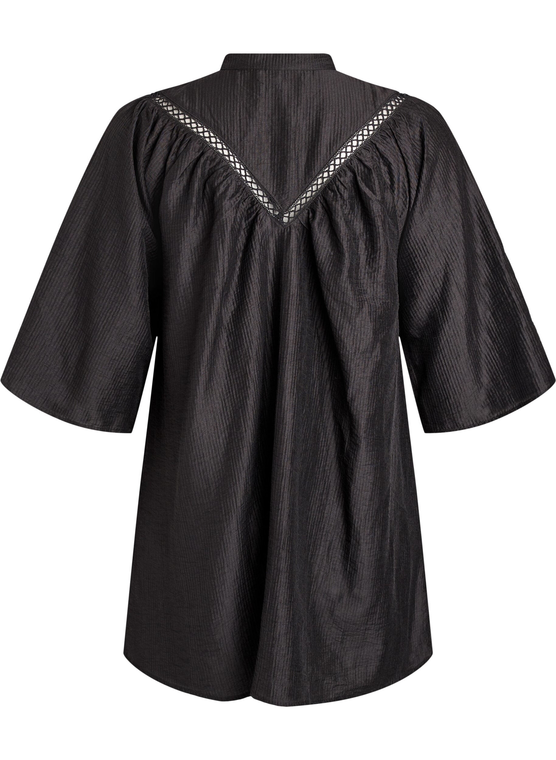 Zizzi Tunika mit H&auml;kelborten und Streifenstruktur, Schwarz, Packshot image number 1