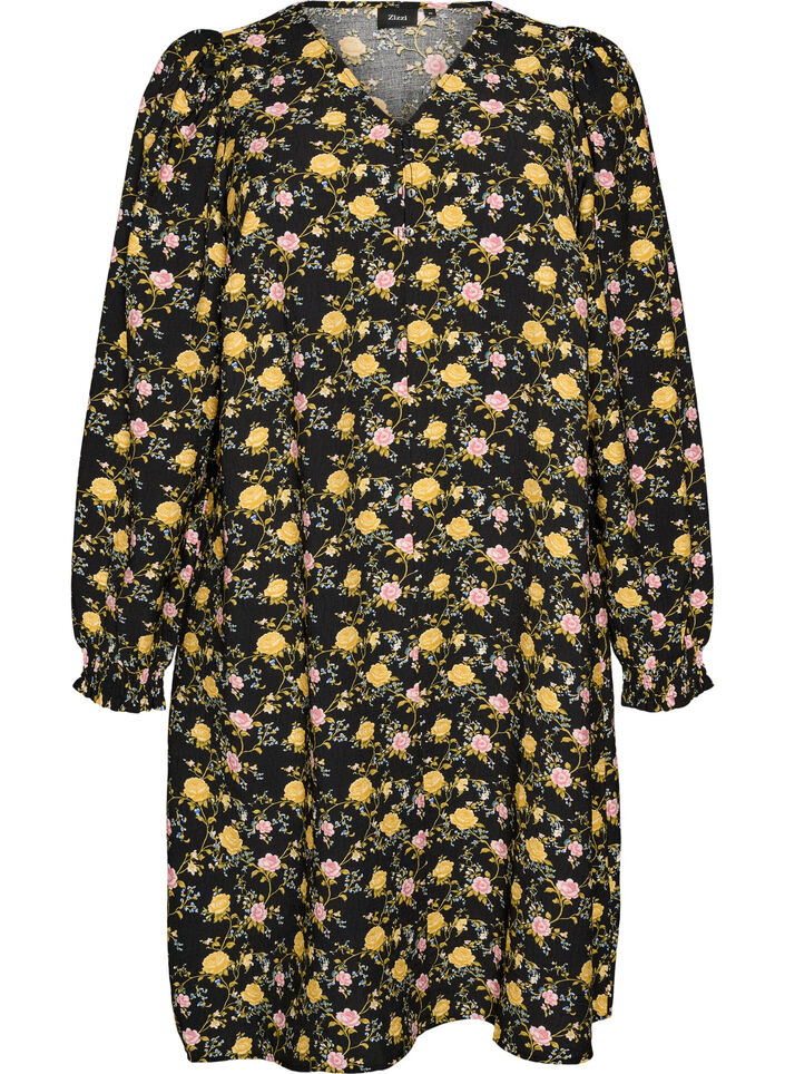 Robe imprim&eacute;e en viscose &agrave; manches longues, Noir, Packshot image number 0