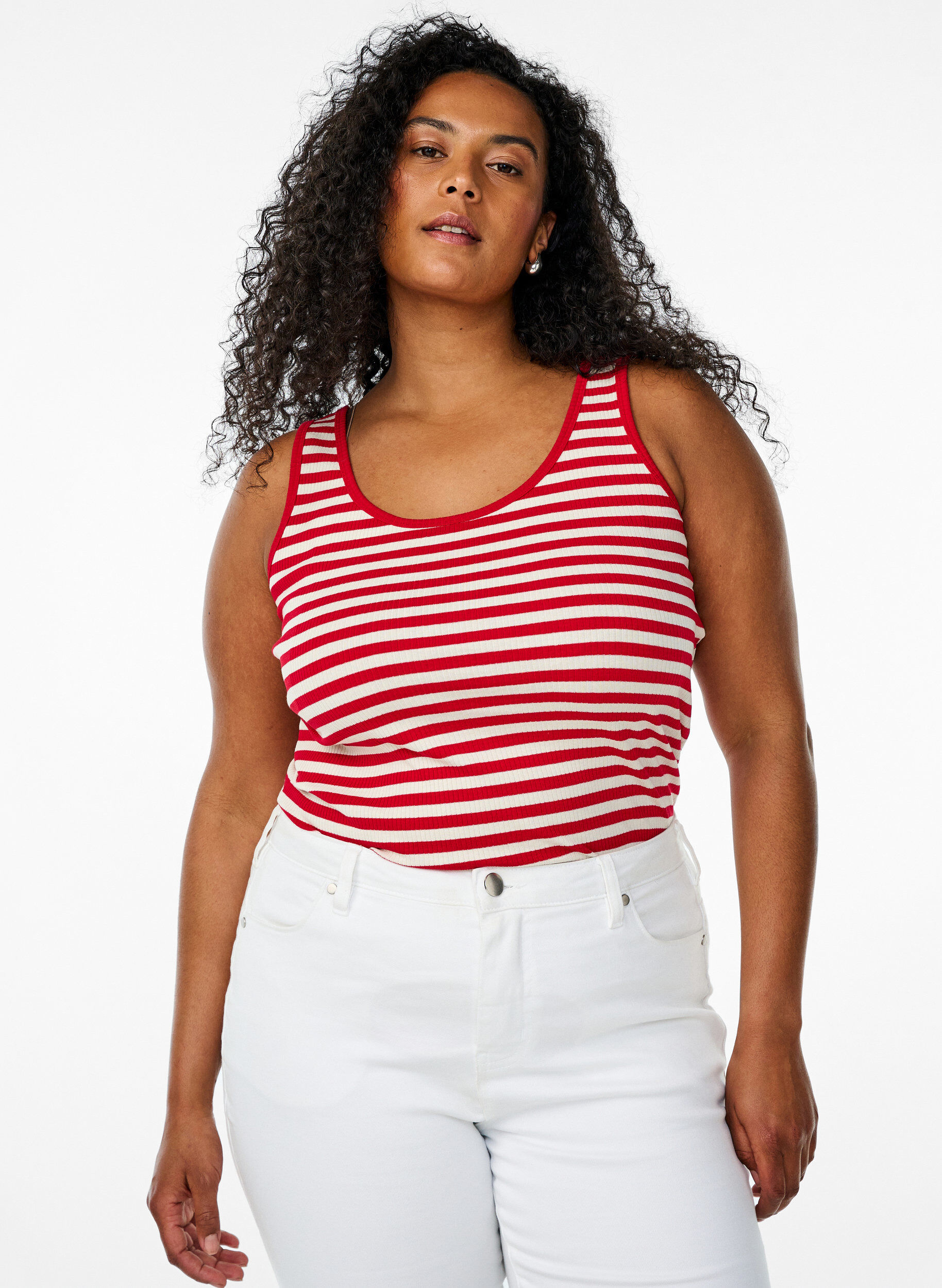 Zizzi Gestreiftes Tanktop mit Rippenstruktur, Snow W. U.R.Stripe, Model image number 0