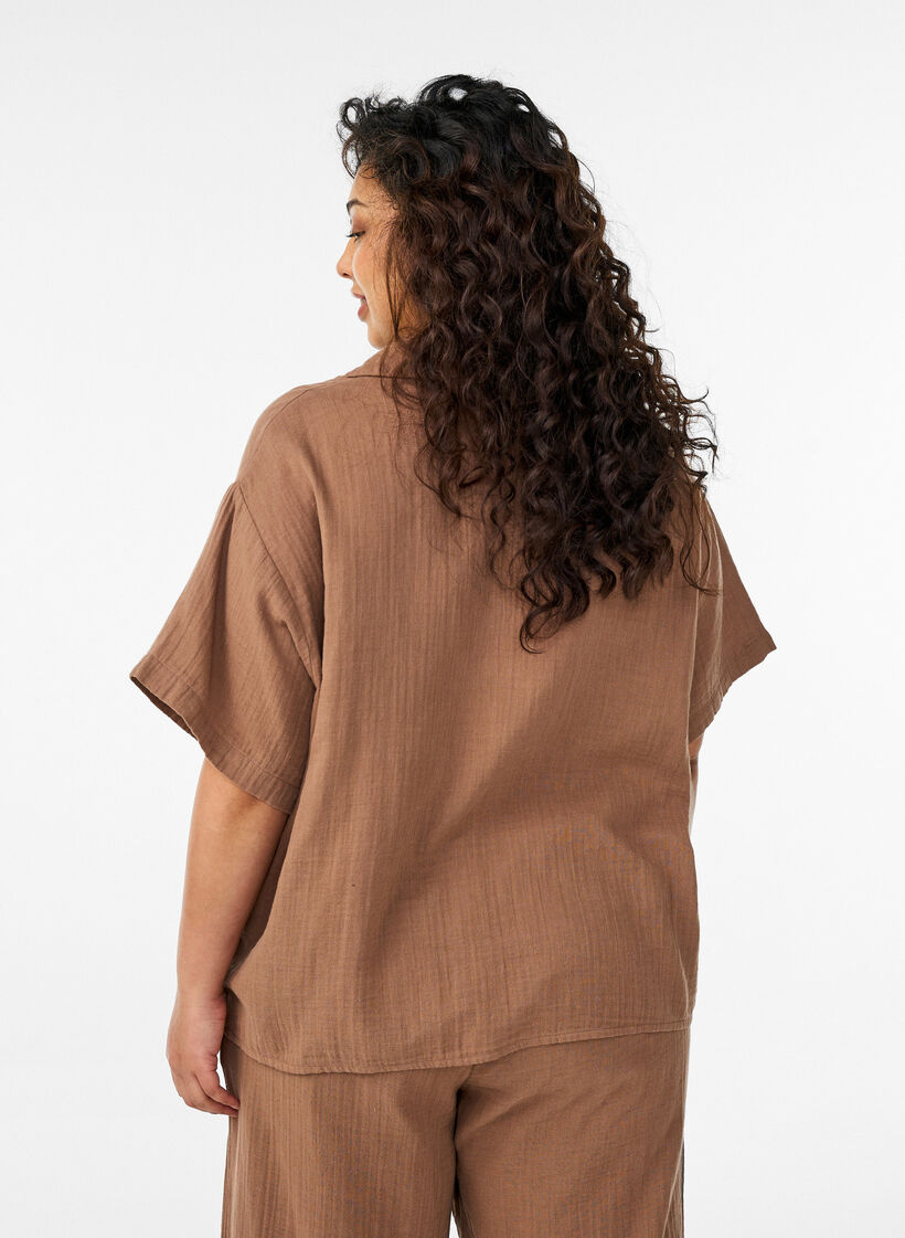 Blouse en mousseline de coton &agrave; manches courtes, Marron, Model image number 2