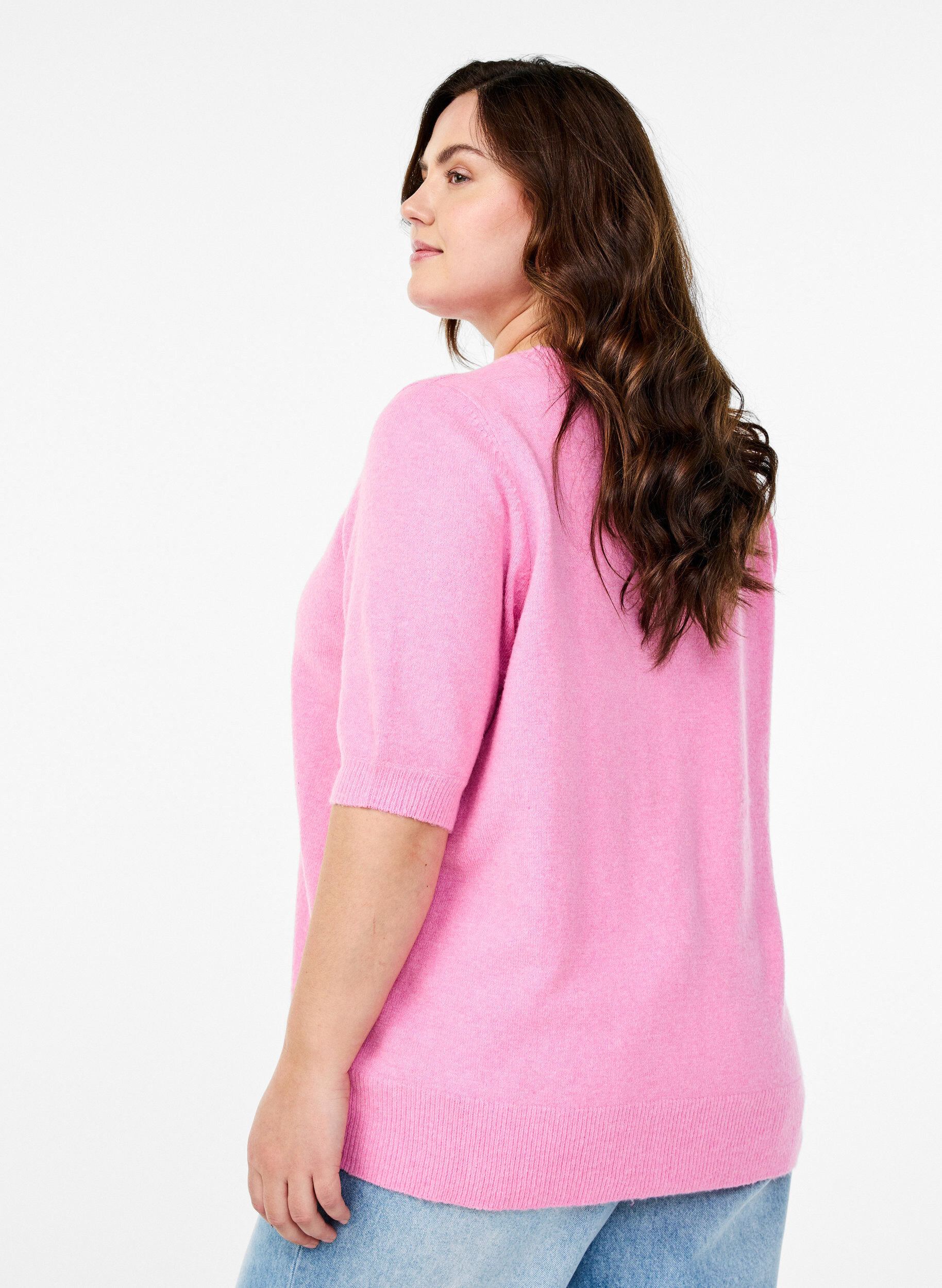 Zizzi Strickbluse mit kurzen &Auml;rmeln, Pink, Model image number 2
