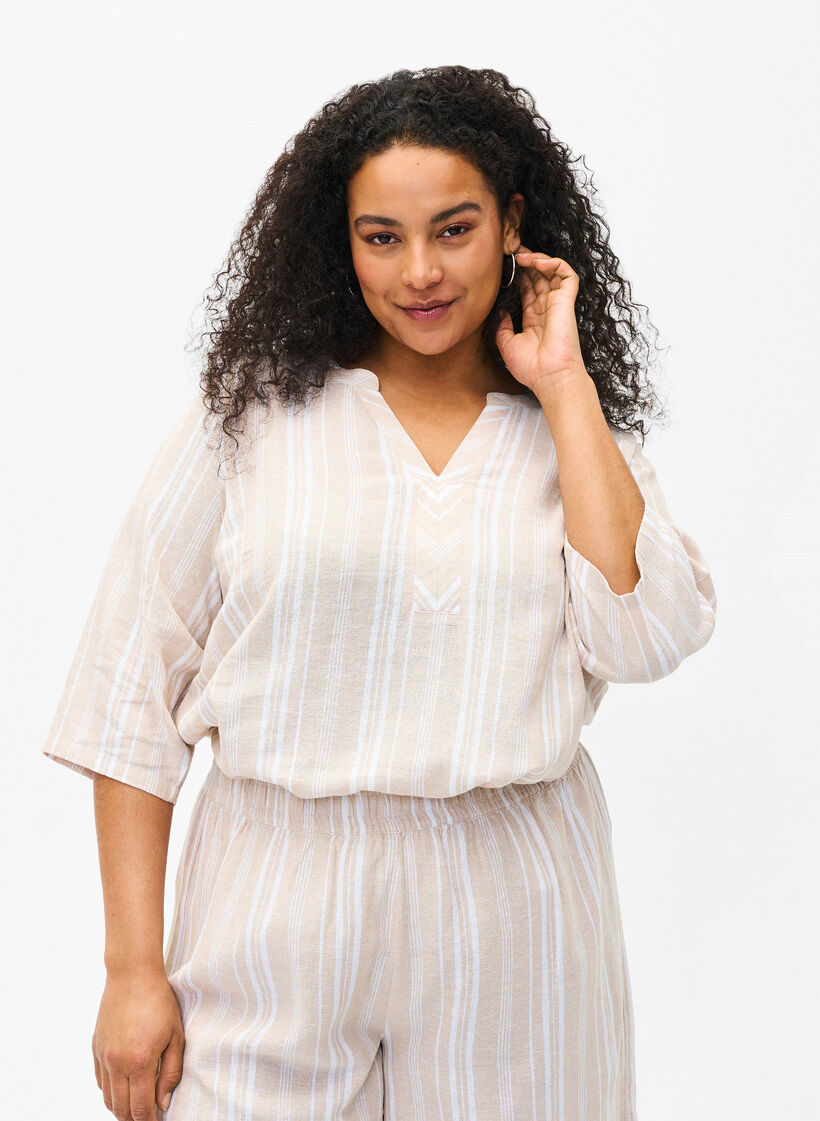 Gestreifte Bluse aus einer Leinen-Viskose-Mischung, Beige, Model image number 0