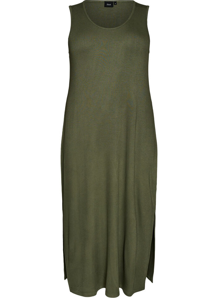 &Auml;rmelloses geripptes Kleid aus Viskose, Gr&uuml;n, Packshot image number 0
