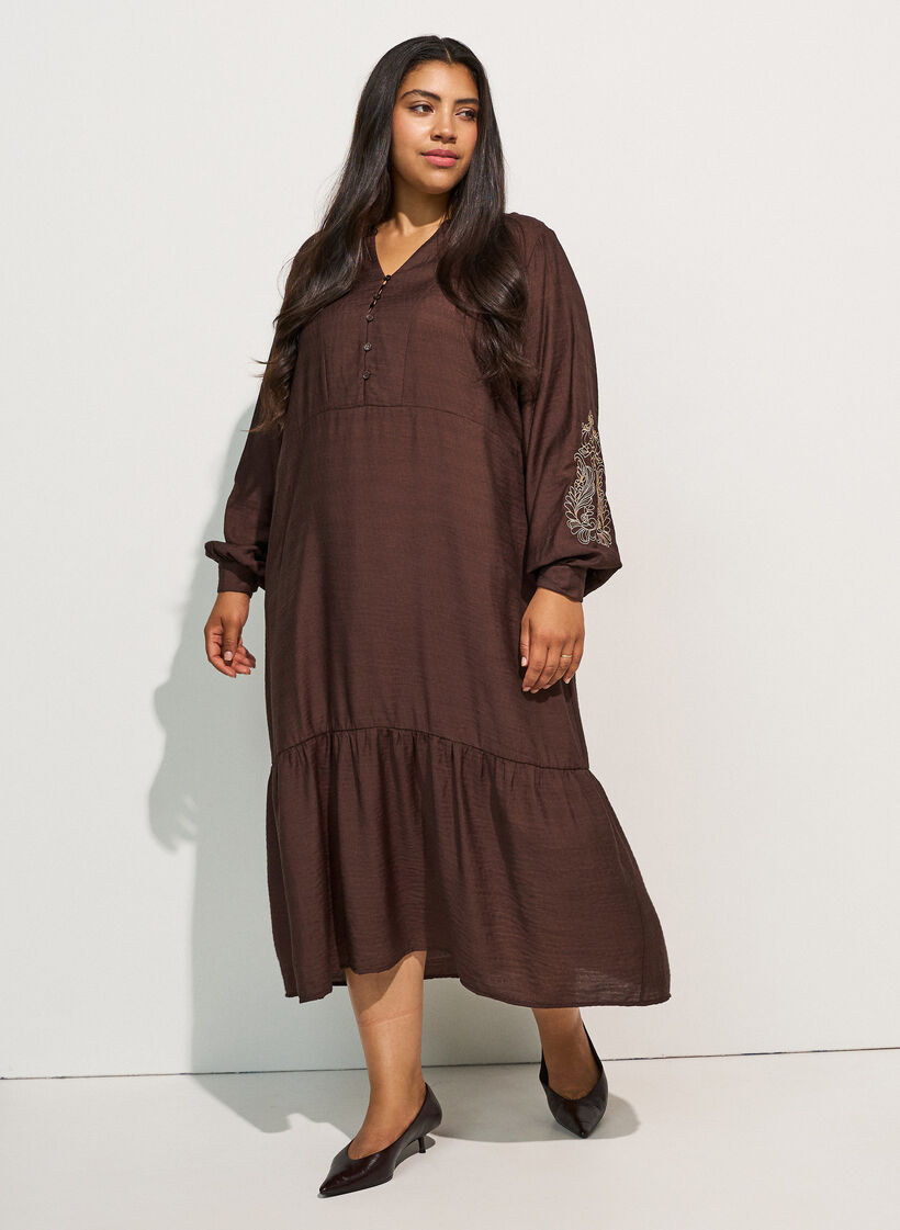 Robe en viscose avec broderies et volants &eacute;tag&eacute;s, Marron, Model image number 0