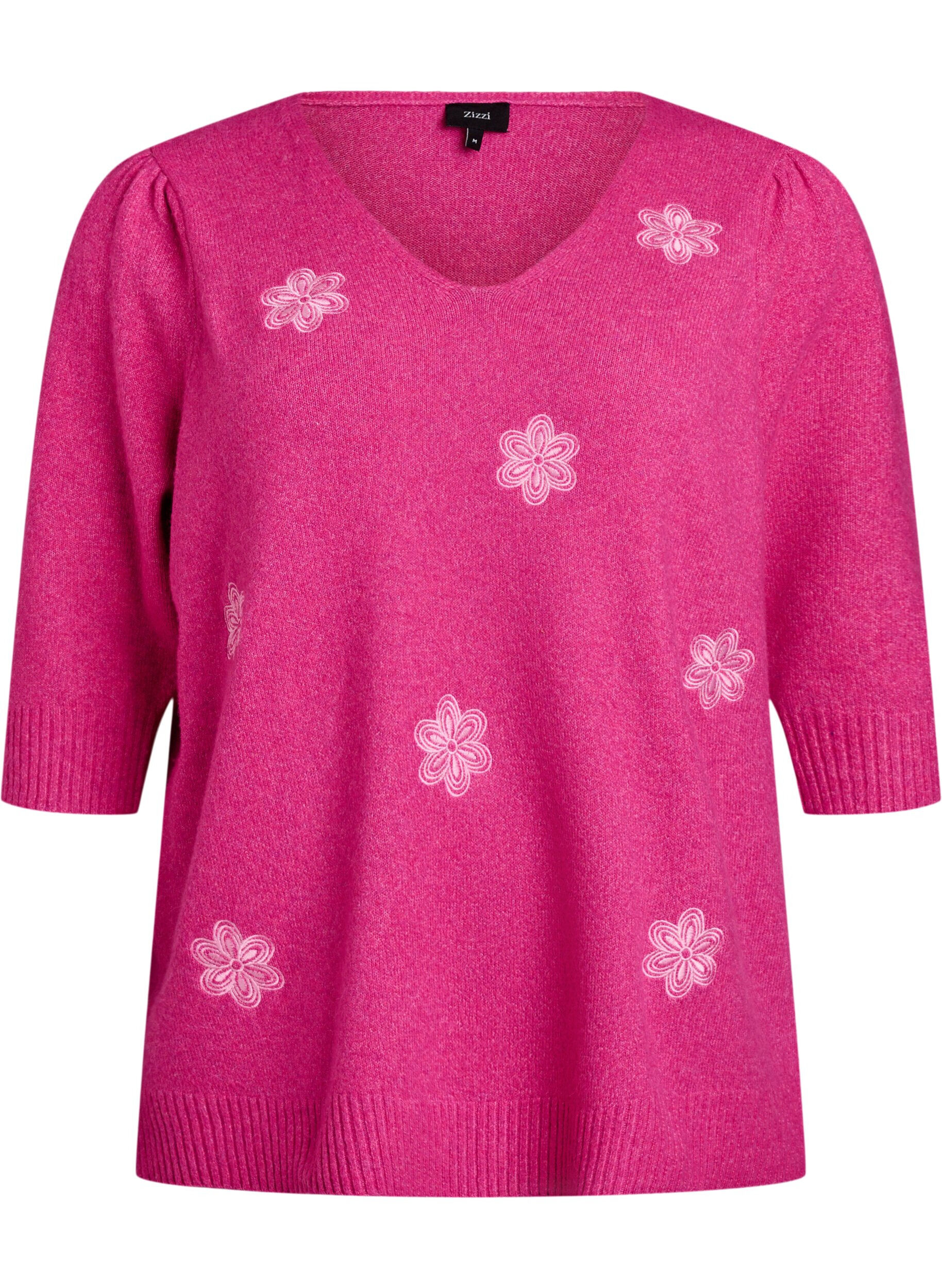 Zizzi Gestrickte Bluse mit gestickten Blumen, R. Rose Mel. Comb, Packshot image number 0