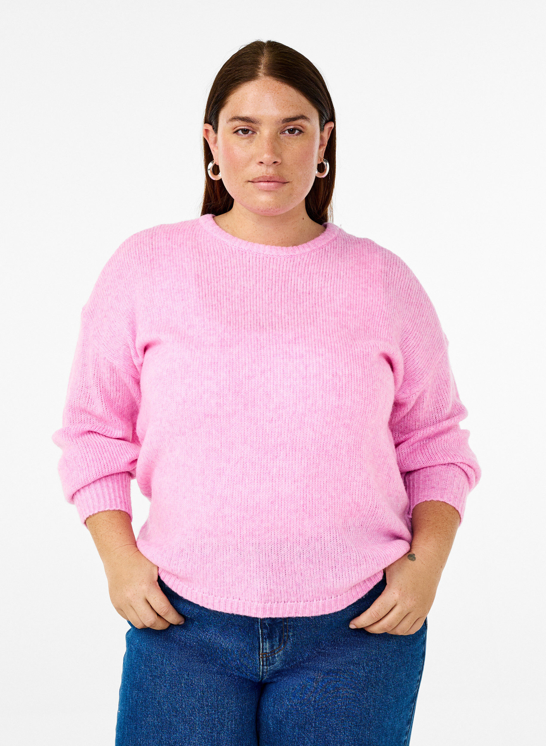 Zizzi Lang&auml;rmliger Strickpullover mit Wollanteil und Rundhalsausschnitt, Begonia Pink Mel., Model image number 0