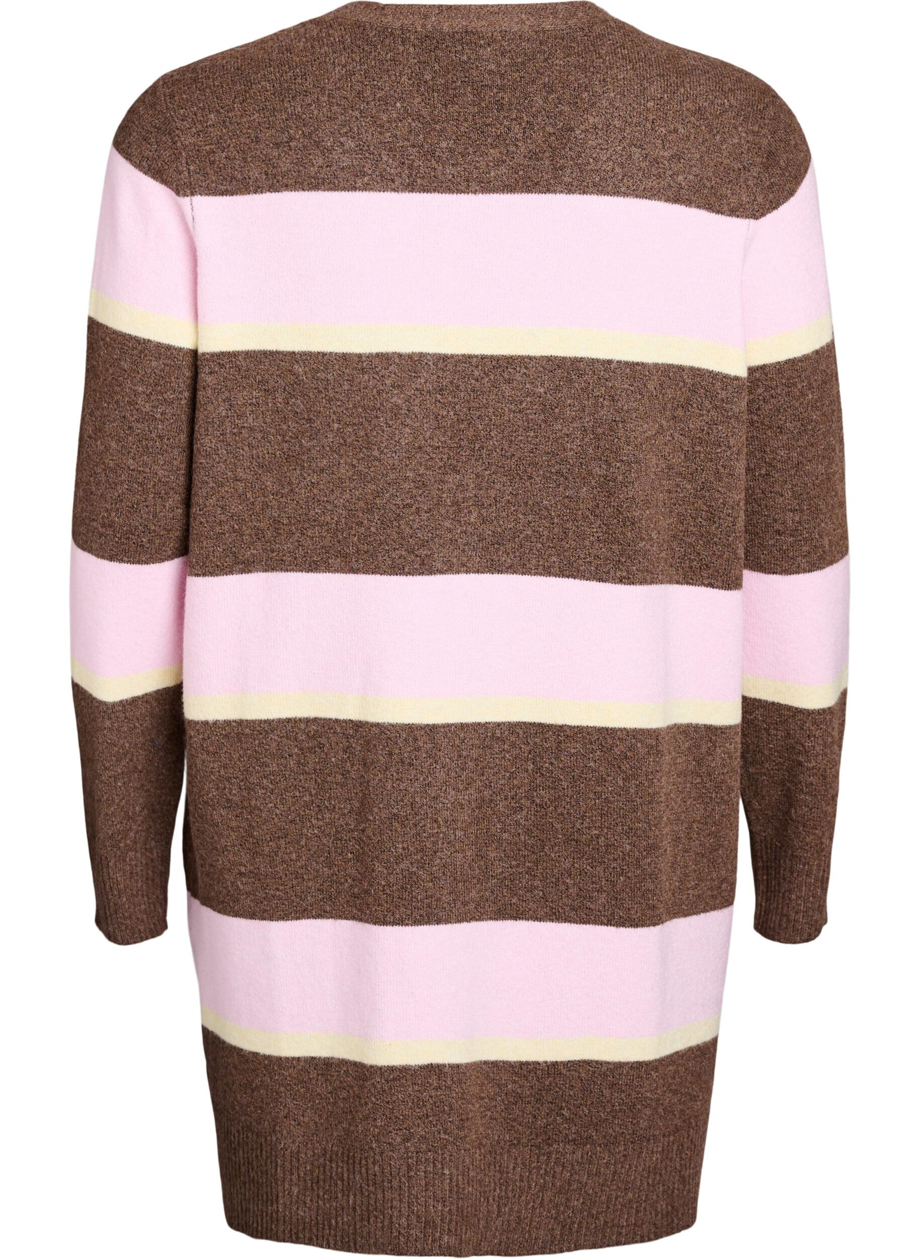 Zizzi Lange Strickjacke mit breiten Streifen, Braun, Packshot image number 1