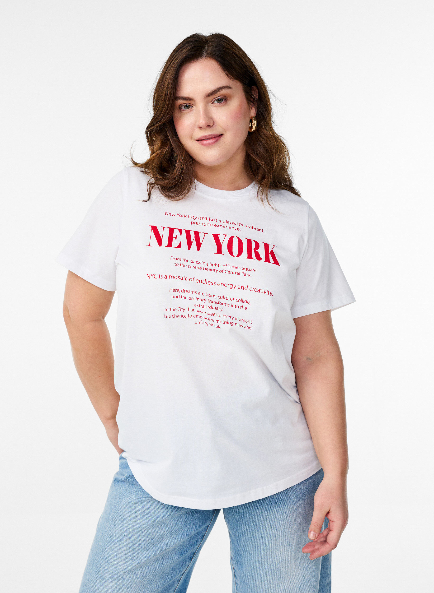 T-shirt avec imprim&eacute; de texte et col rond, Blanc, Model
