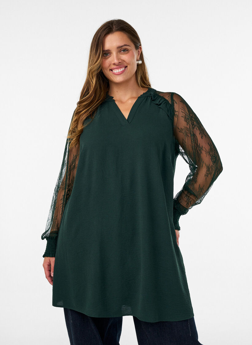 Tunique avec manches en dentelle transparente, Vert fonc&eacute;, Model image number 0