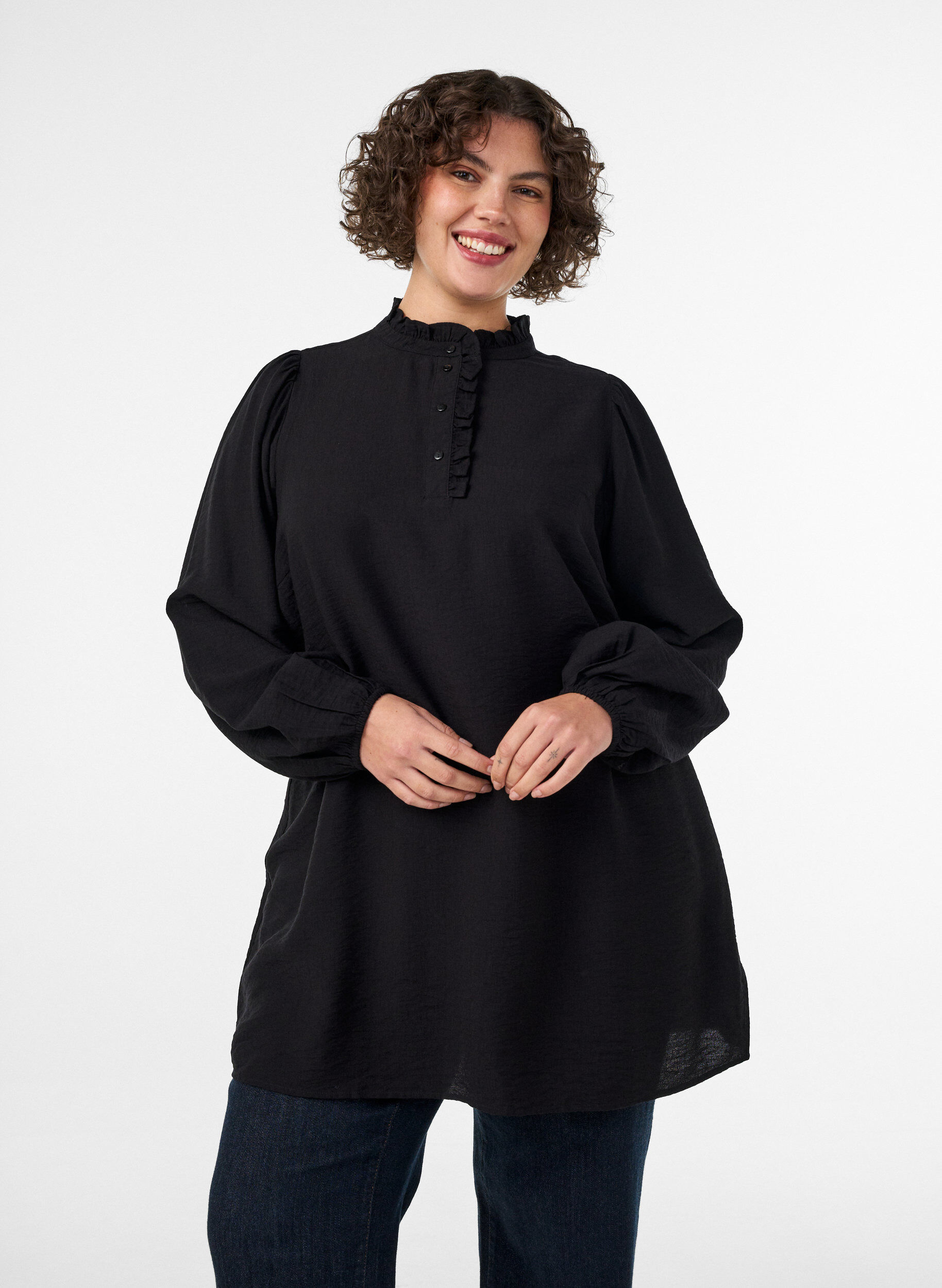 ZizziTunique en viscose avec volants et boutons, Noir, Model image number 0
