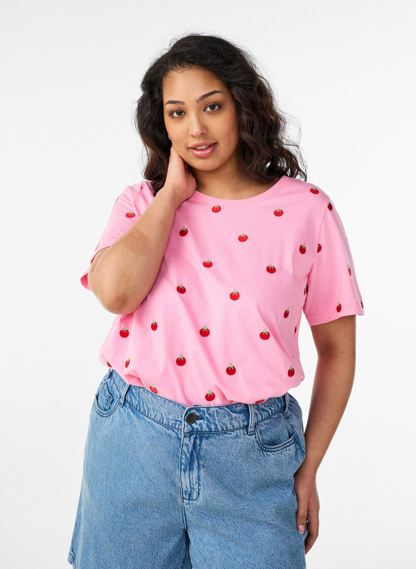 T-shirt en coton biologique avec motifs brod&eacute;s, Rose, Model image number 0