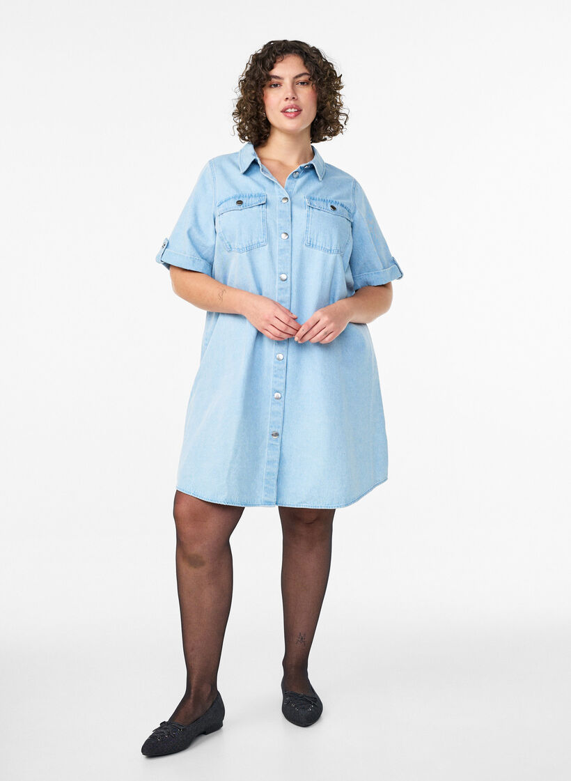 Denimkleid mit kurzen &Auml;rmeln und Kn&ouml;pfen, Blau, Model image number 1