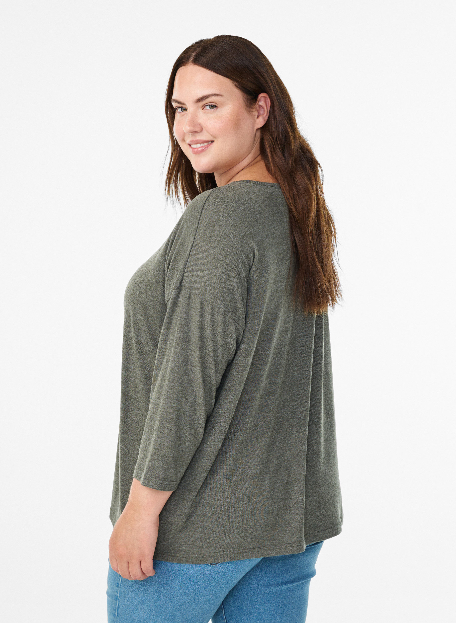Zizzi Bluse aus Jersey mit 3/4-&Auml;rmeln, Gr&uuml;n, Model image number 2