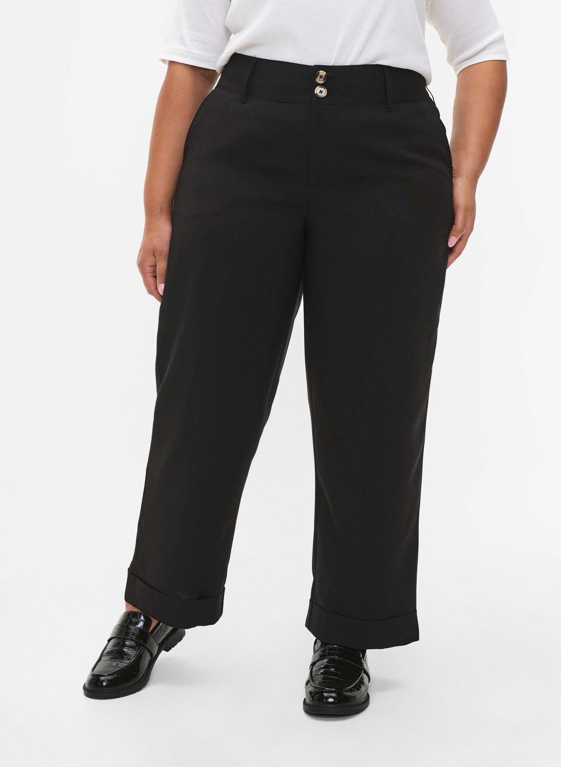Zizzi Pantalon taille haute avec pliage, Black, Model image number 2