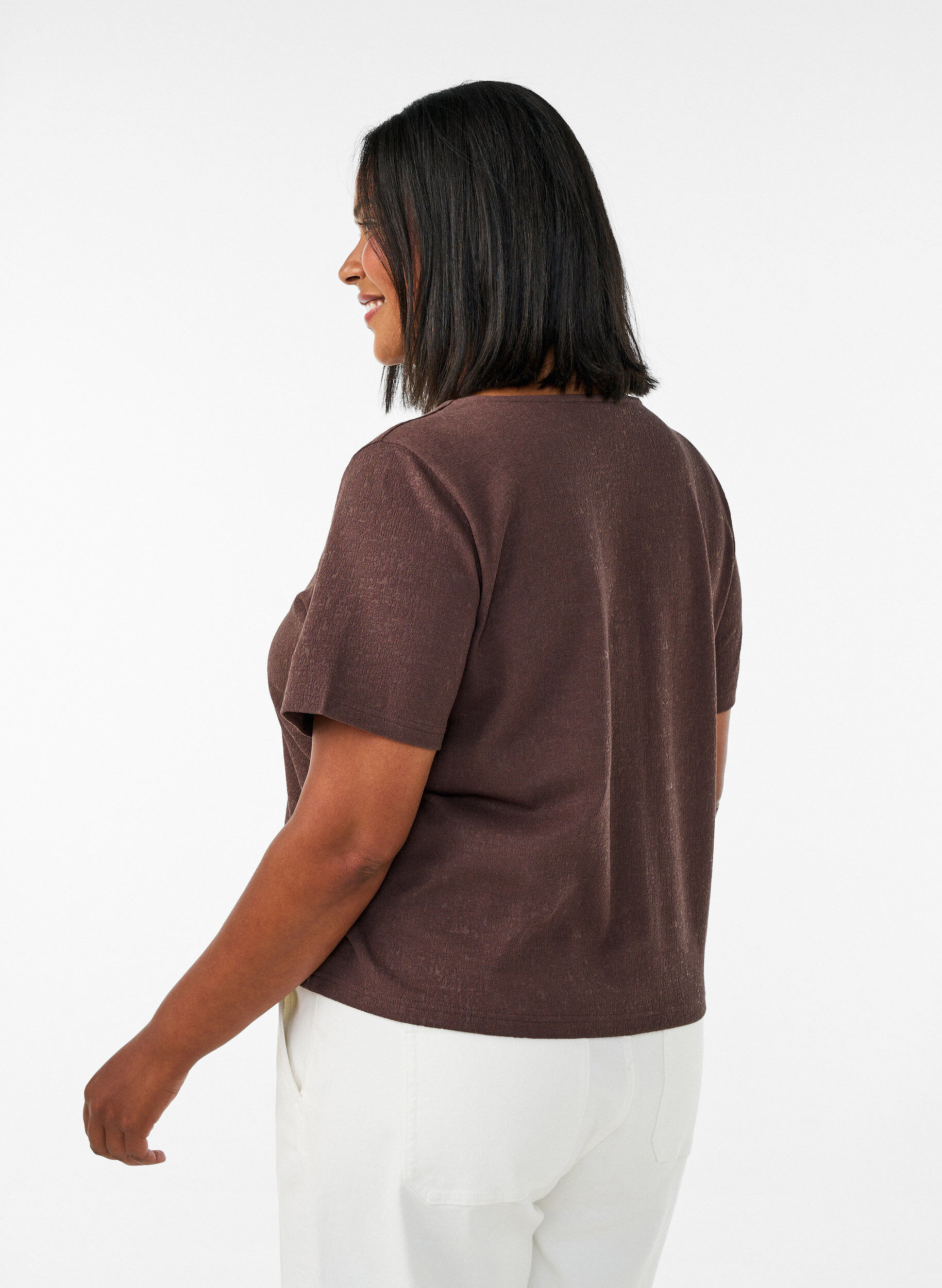 ZizziStrukturierte Bluse aus Baumwolle mit Knopfleiste, Braun, Model image number 2