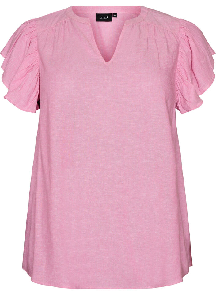 Bluse aus Viskose und Leinen mit R&uuml;schen&auml;rmeln, Pink, Packshot image number 0
