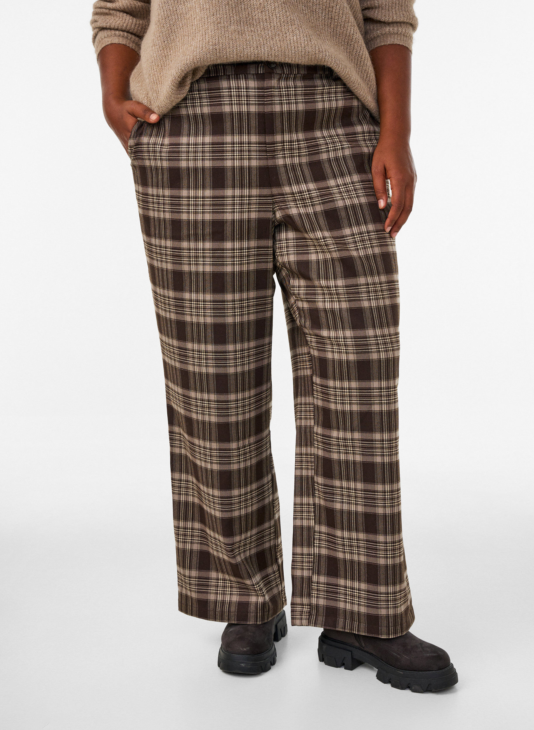 ZizziPantalon &agrave; carreaux &agrave; jambes amples, Marron, Model image number 2