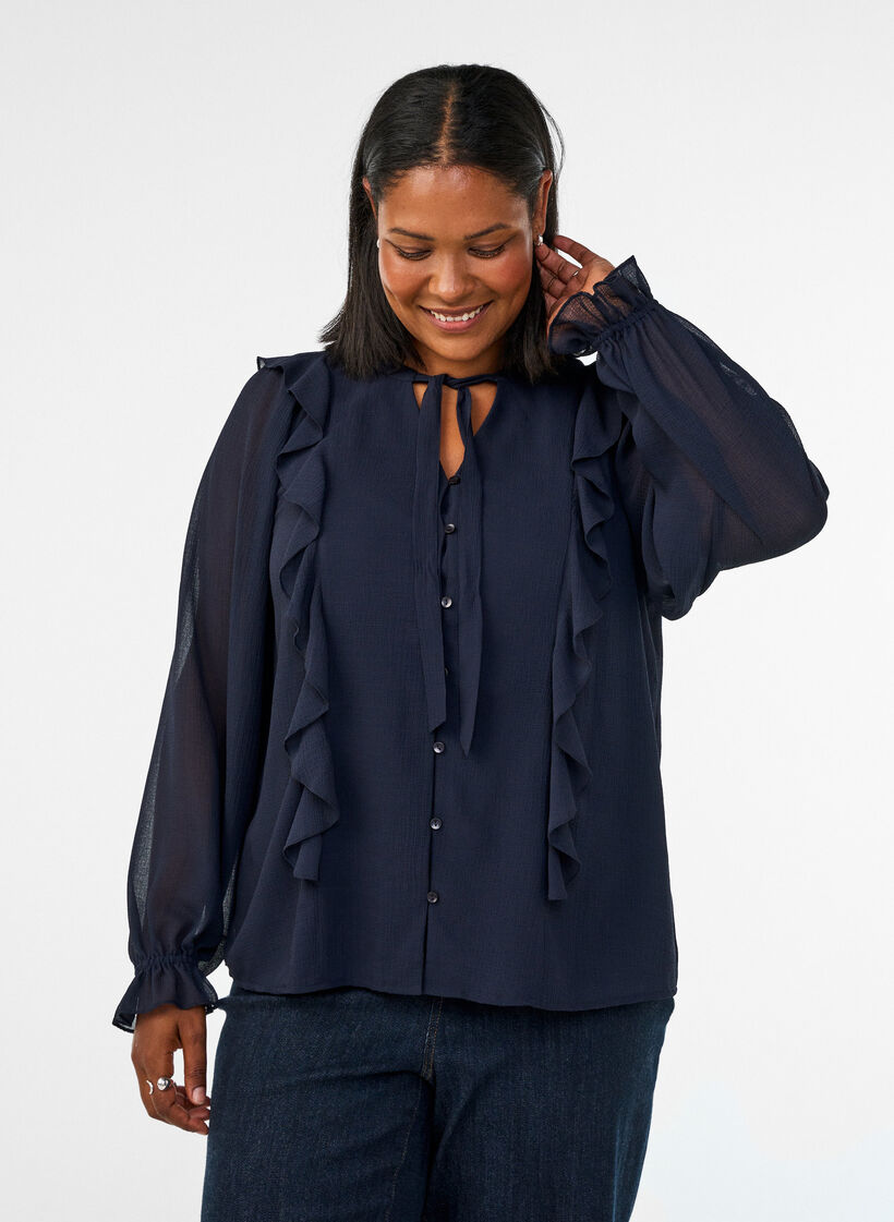 Transparente Bluse mit R&uuml;schen und Bindeband, Blau, Model image number 0