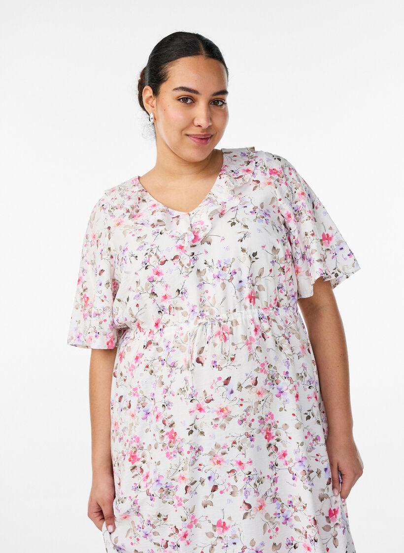 Midikleid aus Viskose mit gebl&uuml;mtem Muster und R&uuml;schenkragen, Vanille, Model image number 2