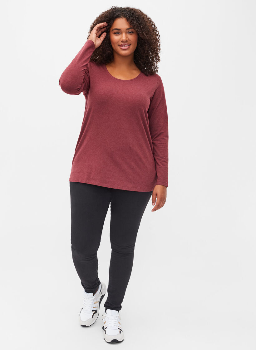 Basic Bluse mit langen Ärmeln, Cabernet Melange, Model image number 2