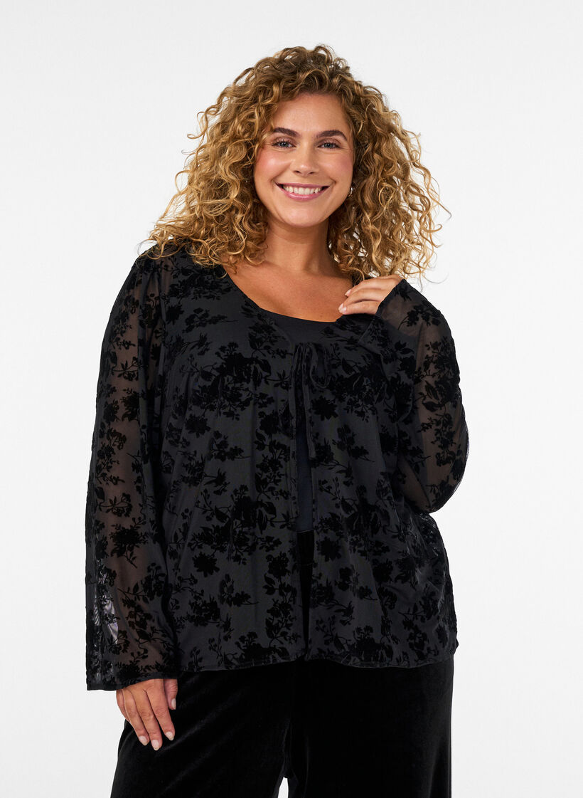 Meshbluse mit Blumenmuster und offener Front, Schwarz, Model image number 0