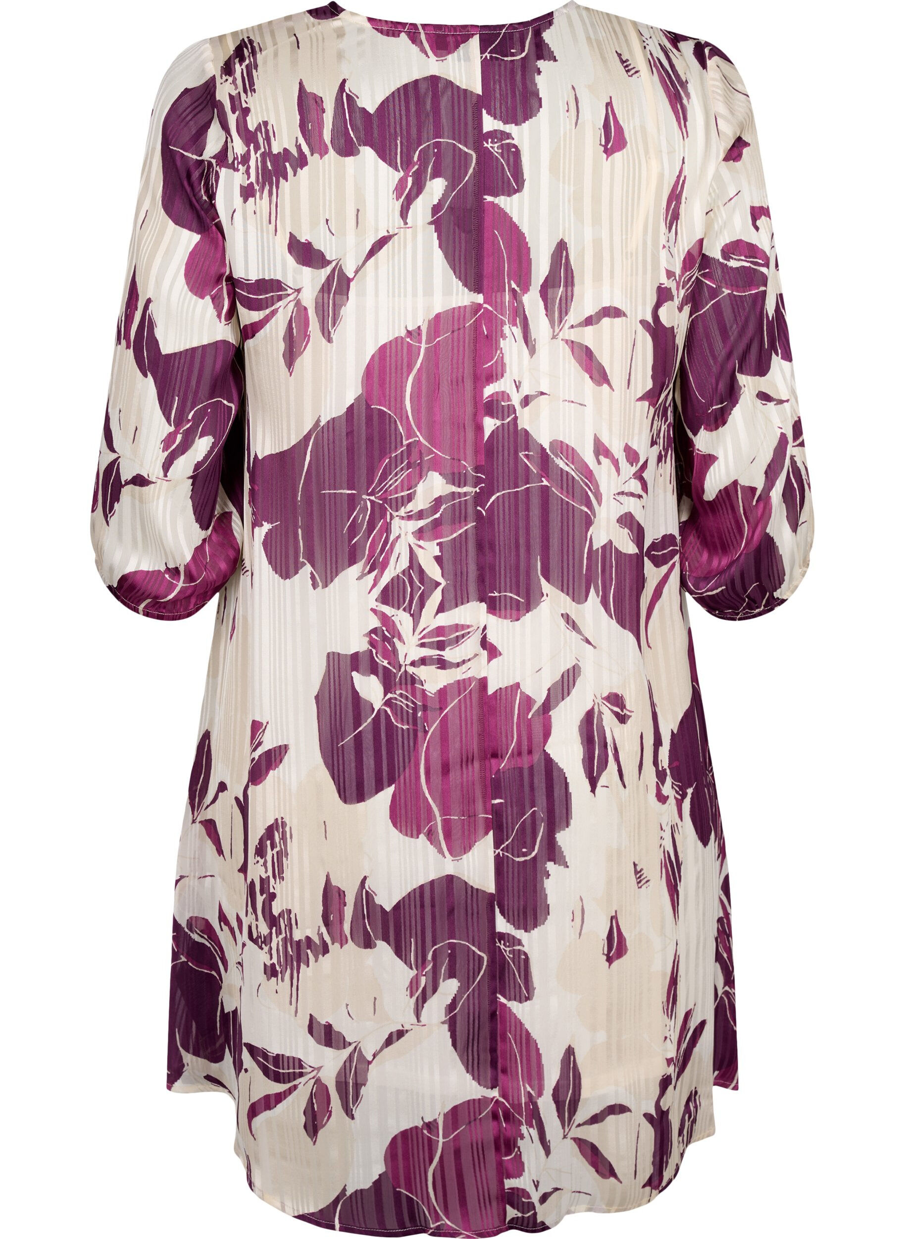 Zizzi Bedrucktes Kleid mit V-Ausschnitt und 3/4-&Auml;rmeln, D.Purple Graphic AOP, Packshot image number 1
