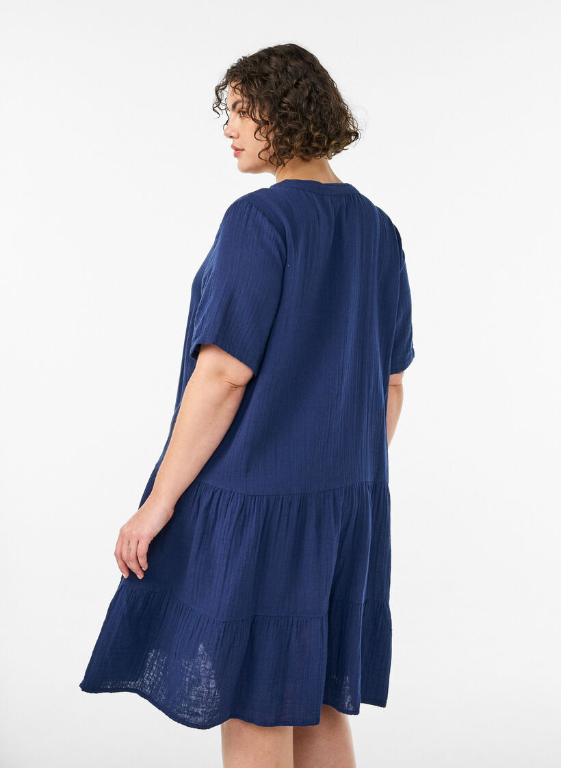 Kurzes A-Linien-Kleid aus Baumwollmusselin, Blau, Model image number 2