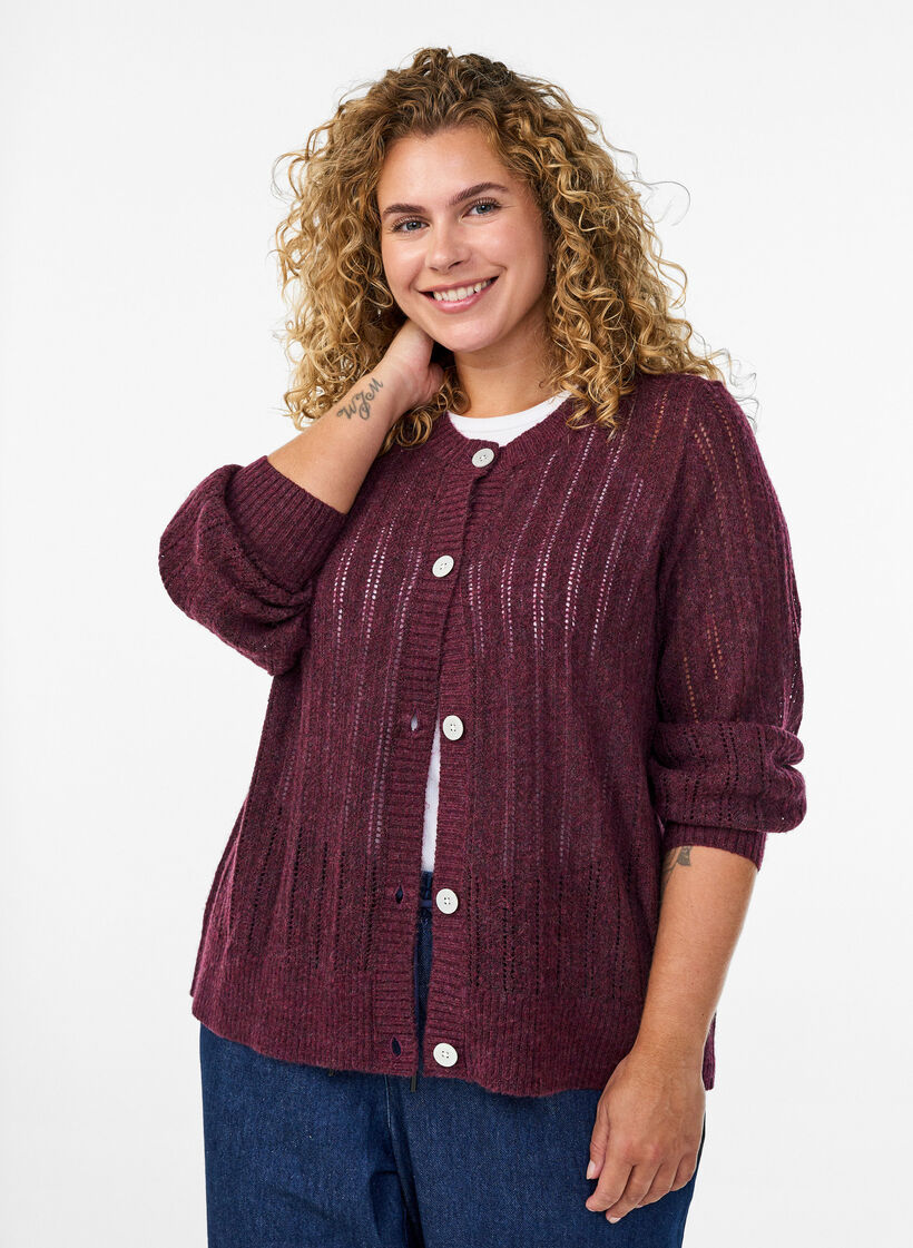 Cardigan en maille ajourée, Bordeaux foncé, Model image number 0