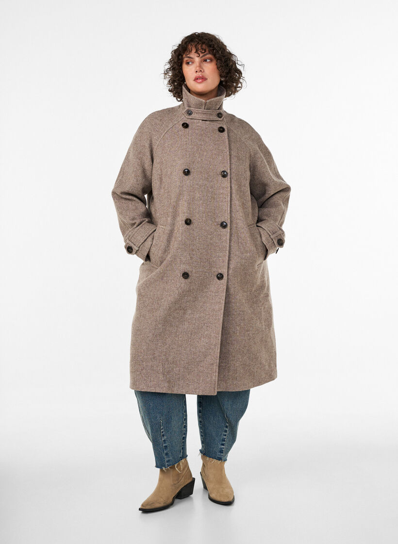 Manteau long en laine &agrave; col montant et double boutonnage, Marron, Model image number 0