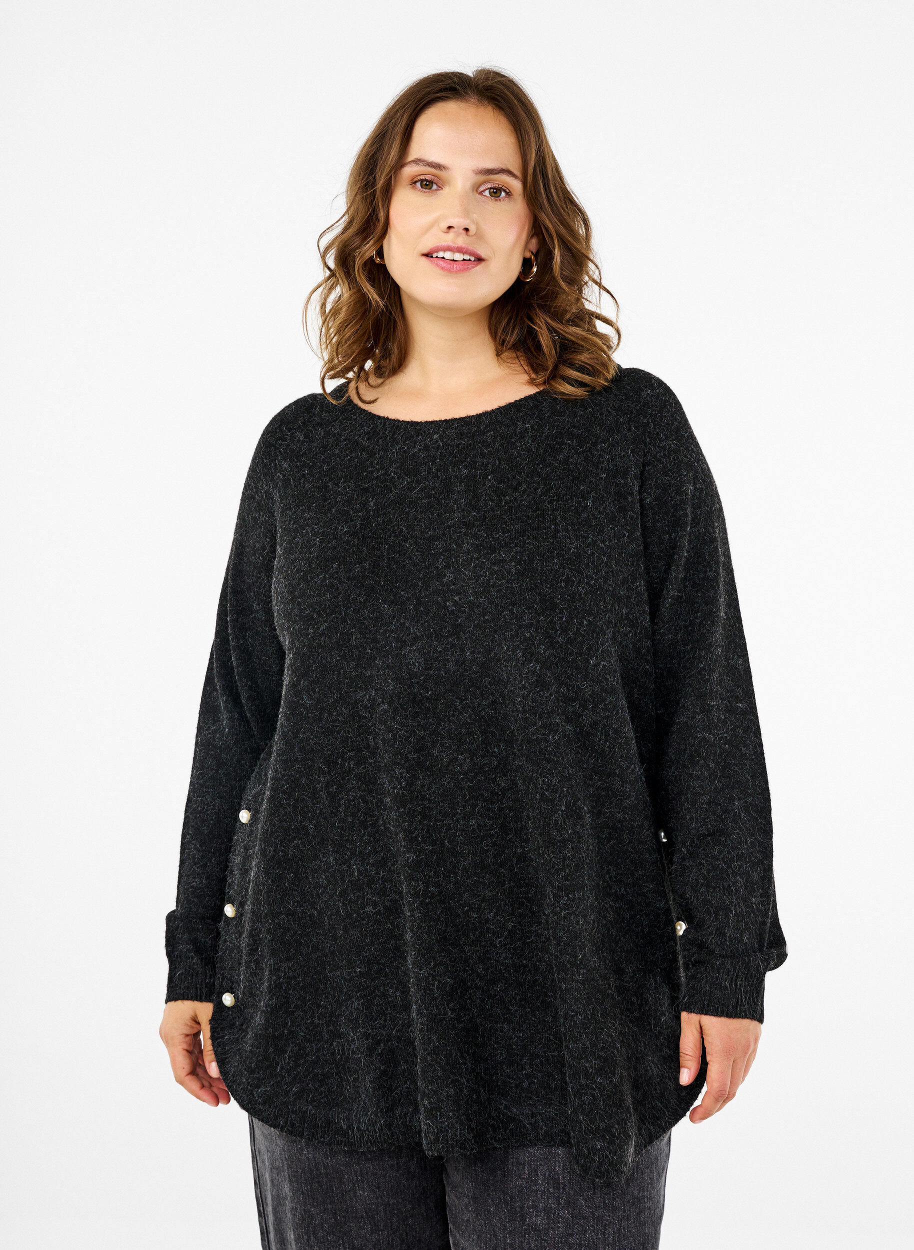 Zizzi Strickbluse mit Perlendetails, Dark Grey Melange, Model image number 0
