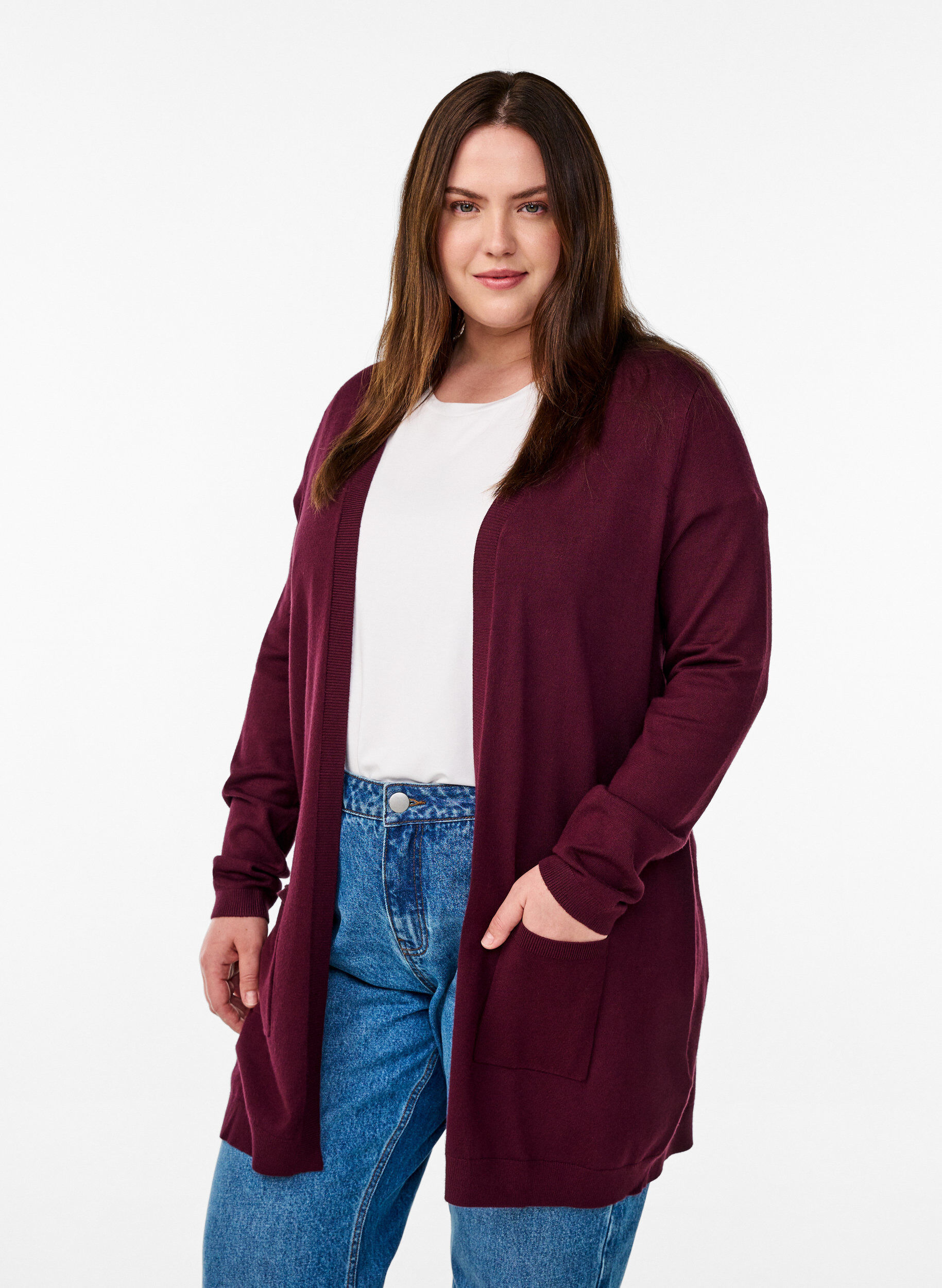 Zizzi Long cardigan tricot&eacute; en m&eacute;lange de viscose, Bordeaux, Model image number 0