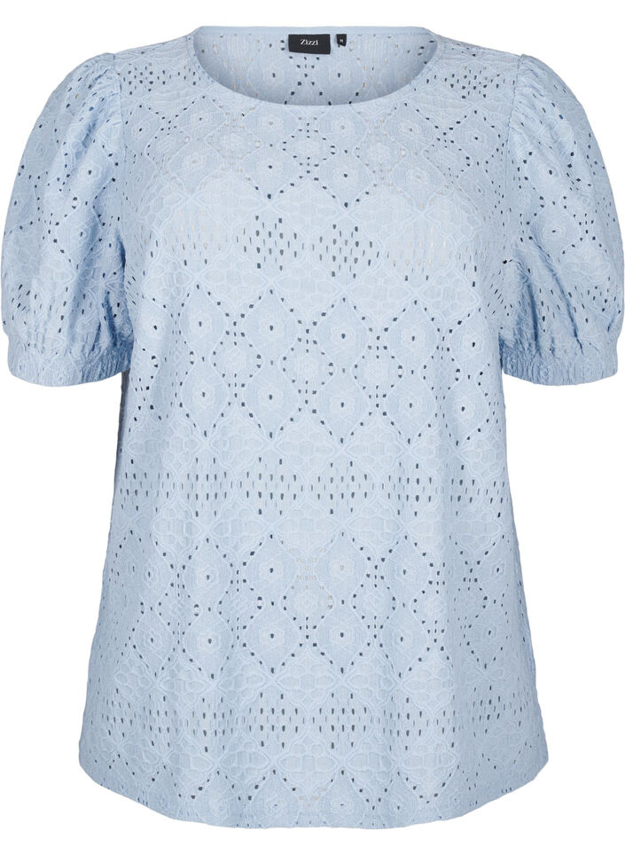  Kurzärmelige Bluse mit Lochmuster, Cashmere Blue, Packshot image number 0